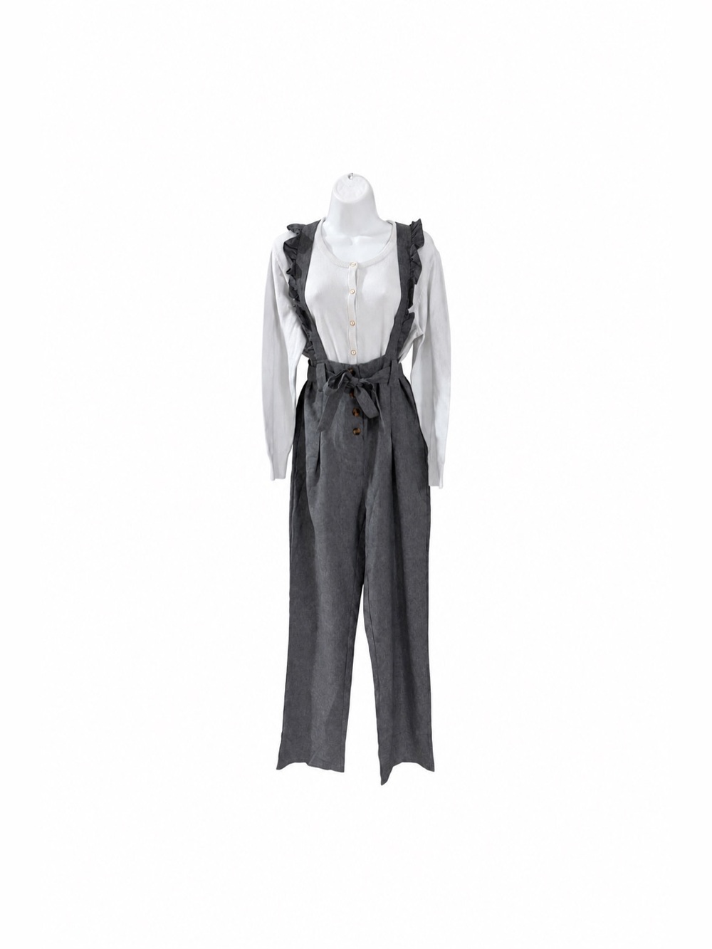 SHEIN Gray Ruffle Suspender Pants Jumpsuit XL Tie Waist